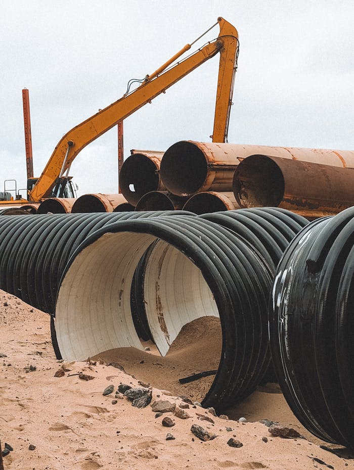pexels photo 35602970 Large industrial pipes and machinery at a construction site in Svetlogorsk, Russia.